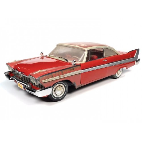 CHRISTINE 1:18 1958 PLYMOUTH FURY PARTIALLY RESTORED DIECAST MODEL W/ WORKING HEADLIGHTS AUTOWORLD - OFFICIAL